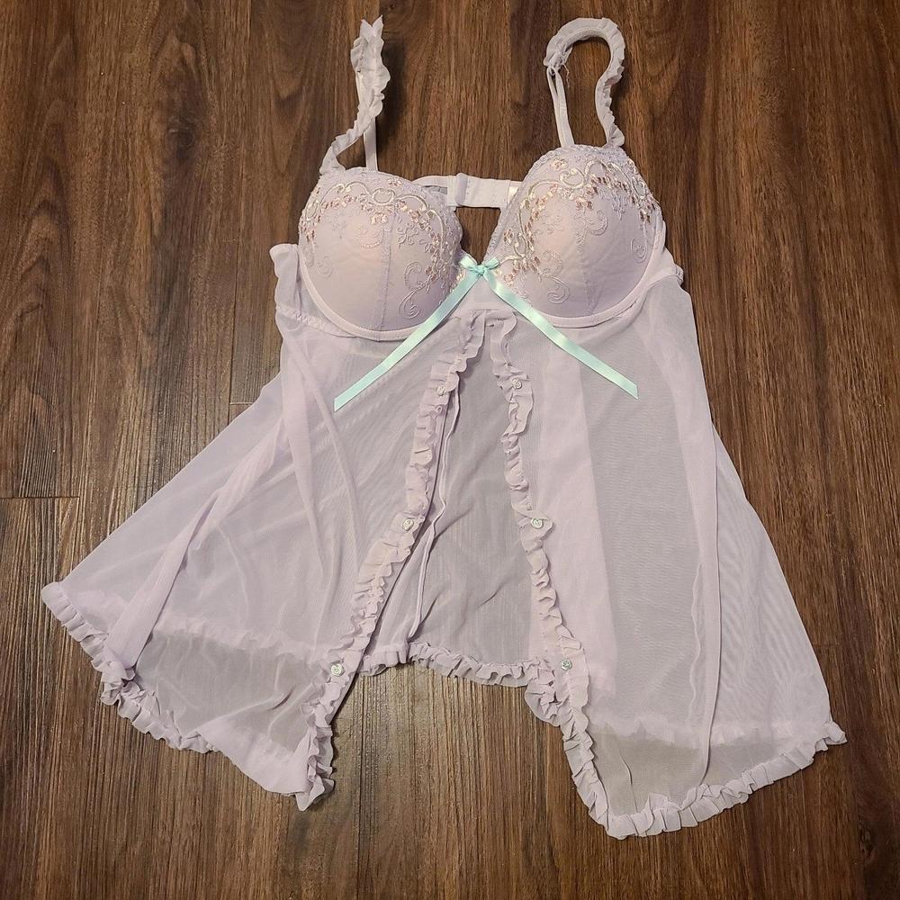 Inner Secrets Purple Nightie Lace Lingerie Dress Blue Bow/Flower Floral Accents